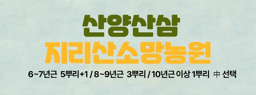 
산양산삼
지리산소망농원
6~7년근 5뿌리+1 / 8~9년근 3뿌리 / 10년근 이상 1뿌리 中 선택