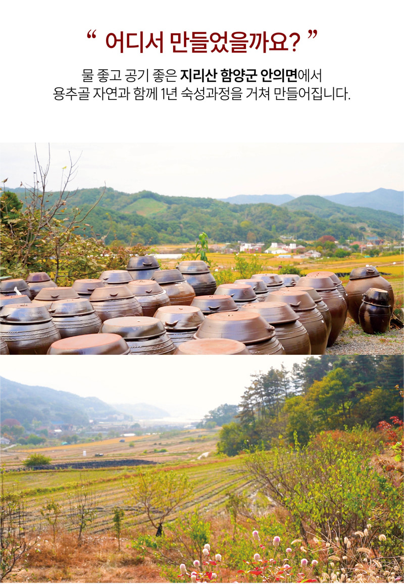 어디서 만들었을까요?
물 좋고 공기 좋은 지리산 함양군 안의면에서
용추골 자연과 함께 1년 숙성과정을 거쳐 만들어집니다.