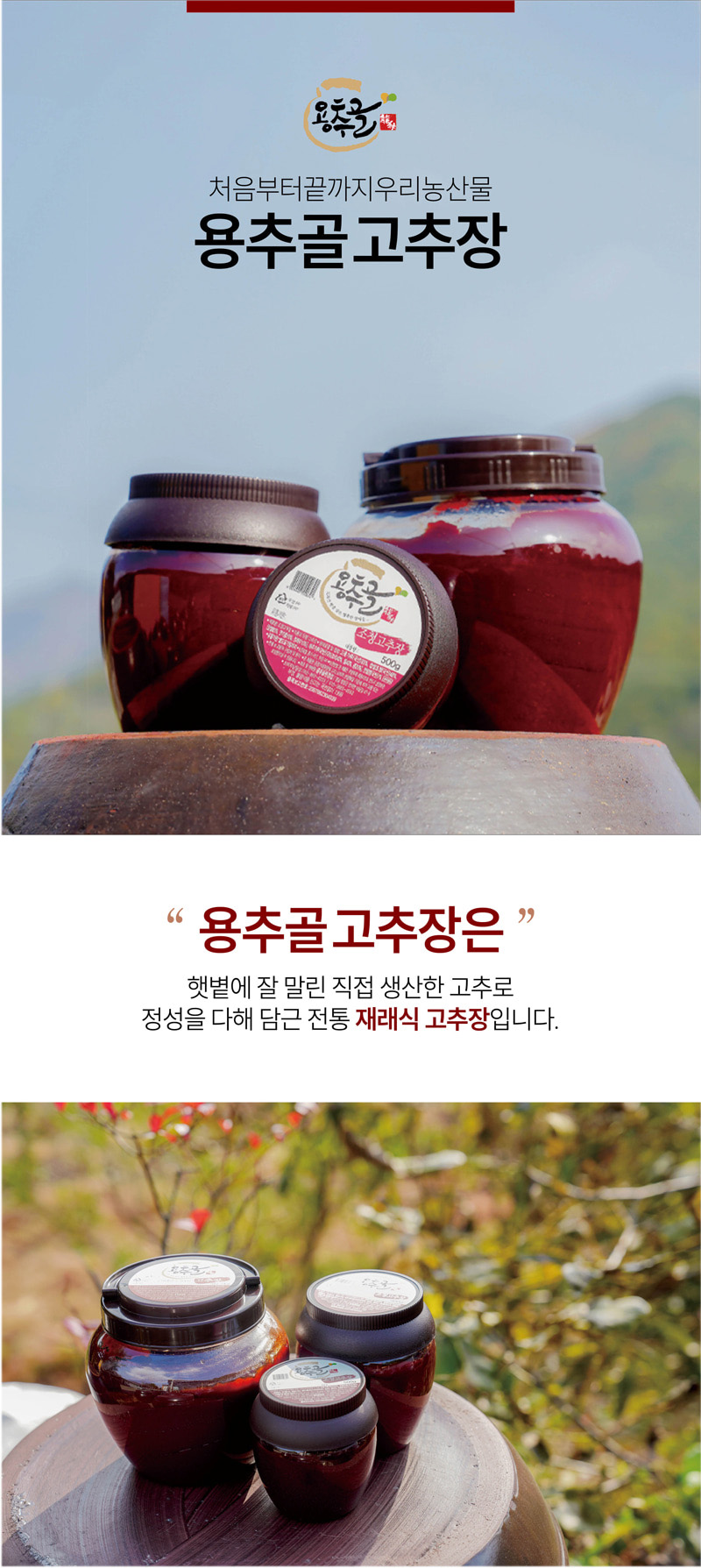 처음부터끝까지우리농산물
용추골고추장
용추골고추장은
햇볕에 잘 말린 직접 생산한 고추로
정성을 다해 담근 전통 재래식 고추장입니다.