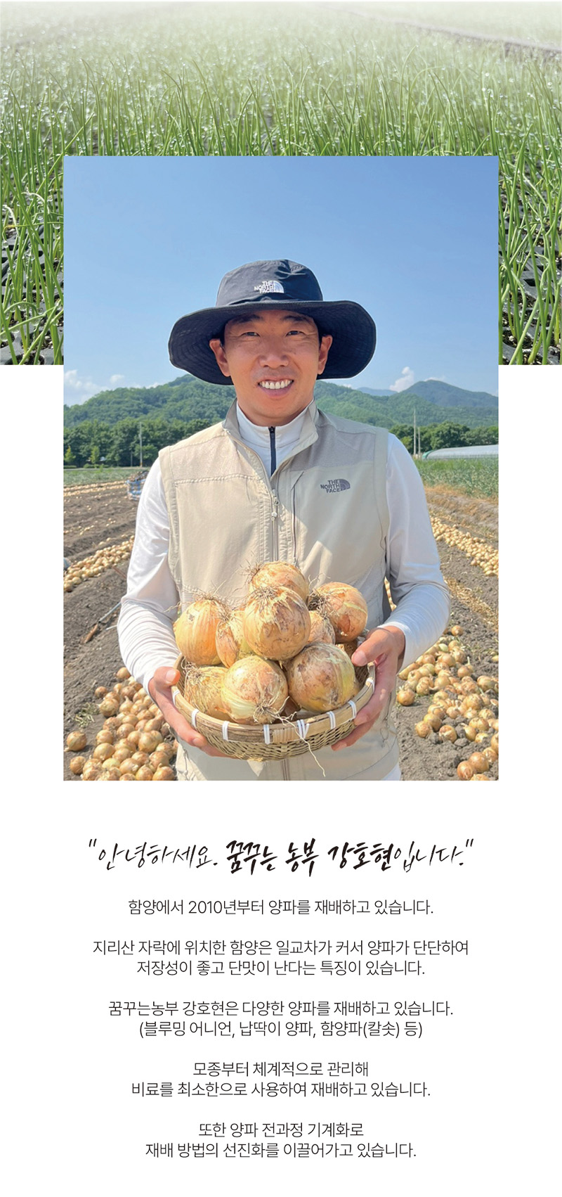 
안녕하세요  꿈꾸는 농부 강호현입니다.
함양에서 2010년부터 양파를 재배하고 있습니다.
지리산 자락에 위치한 함양은 일교차가 커서 양파가 단단하여
저장성이 좋고 단맛이 난다는 특징이 있습니다.
꿈꾸는농부 강호현은 다양한 양파를 재배하고 있습니다
(블루밍 어니언, 납딱이 양파, 함양파(칼솟) 등)
모종부터 체계적으로 관리해
비료를 최소한으로 사용하여 재배하고 있습니다.
또한 양파 전과정 기계화로
재배 방법의 선진화를 이끌어가고 있습니다.