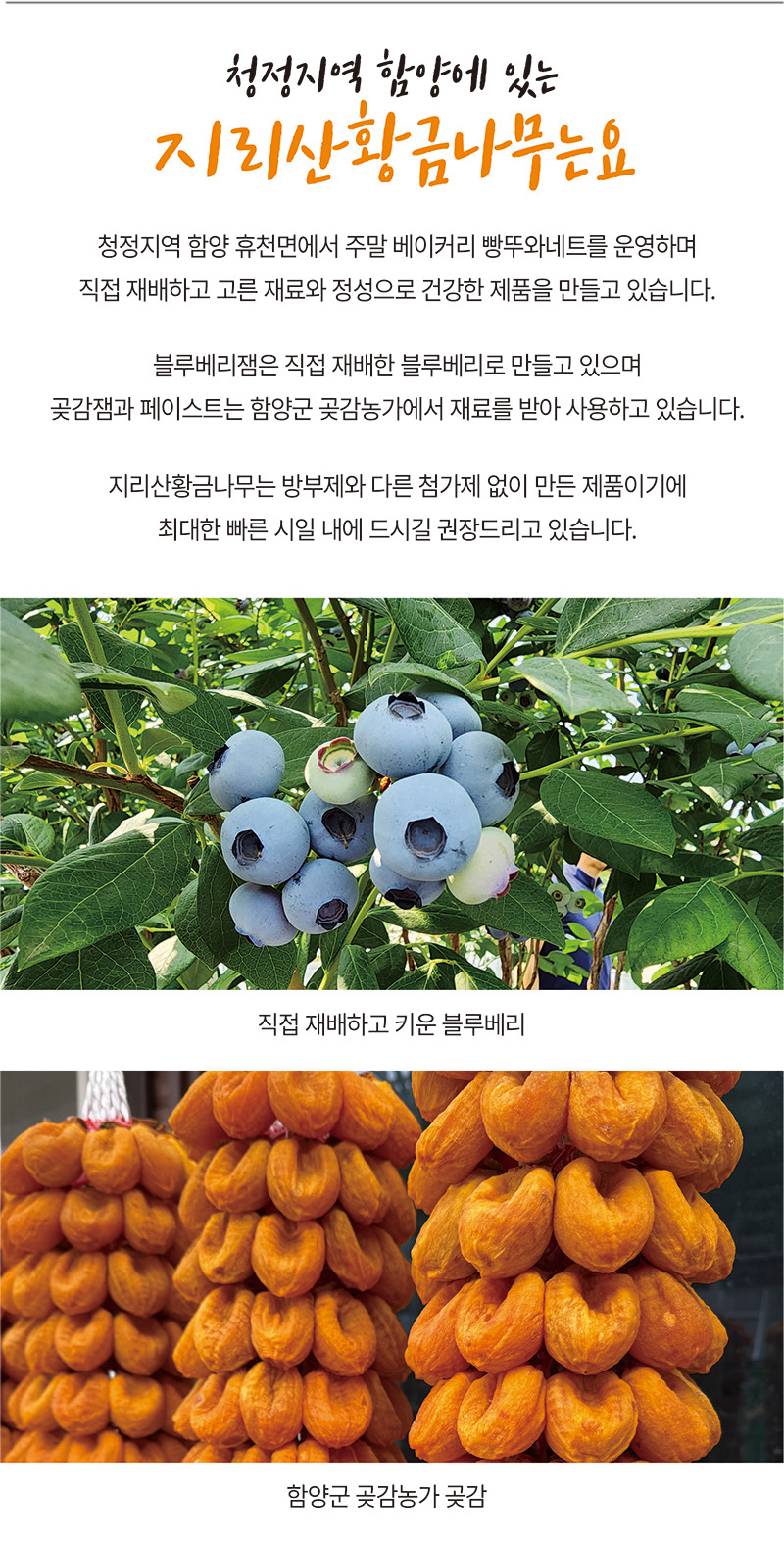 
청정지역 함양에 있는
지리산황금나무는요
청정지역 함양 휴천면에서 주말 베이커리 빵뚜와네트를 운영하며
직접 재배하고 고른 재료와 정성으로 건강한 제품을 만들고 있습니다.
블루베리잼은 직접 재배한 블루베리로 만들고 있으며
곶감잼과 페이스트는 함양군 곶감농가에서 재료를 받아 사용하고 있습니다.
지리산황금나무는 방부제와 다른 첨가제 없이 만든 제품이기에
최대한 빠른 시일 내에 드시길 권장드리고 있습니다.
직접 재배하고 키운 블루베리
함양군 곶감농가 곶감