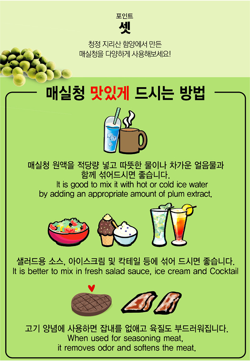
포인트
셋
청정 지리산 함양에서 만든
매실청을 다양하게 사용해보세요!
매실청 맛있게 드시는 방법
매실청 원액을 적당량 넣고 따뜻한 물이나 차가운 얼음물과
함께 섞어드시면 좋습니다.
It is good to mix it with hot or cold ice water
by adding an appropriate amount of plum extract.
샐러드용 소스, 아이스크림 및 칵테일 등에 섞어 드시면 좋습니다.
It is better to mix in fresh salad sauce, ice cream and Cocktail.
고기 양념에 사용하면 잡내를 없애고 육질도 부드러워집니다.
When used for seasoning meat,
it removes odor and sftens the meat.