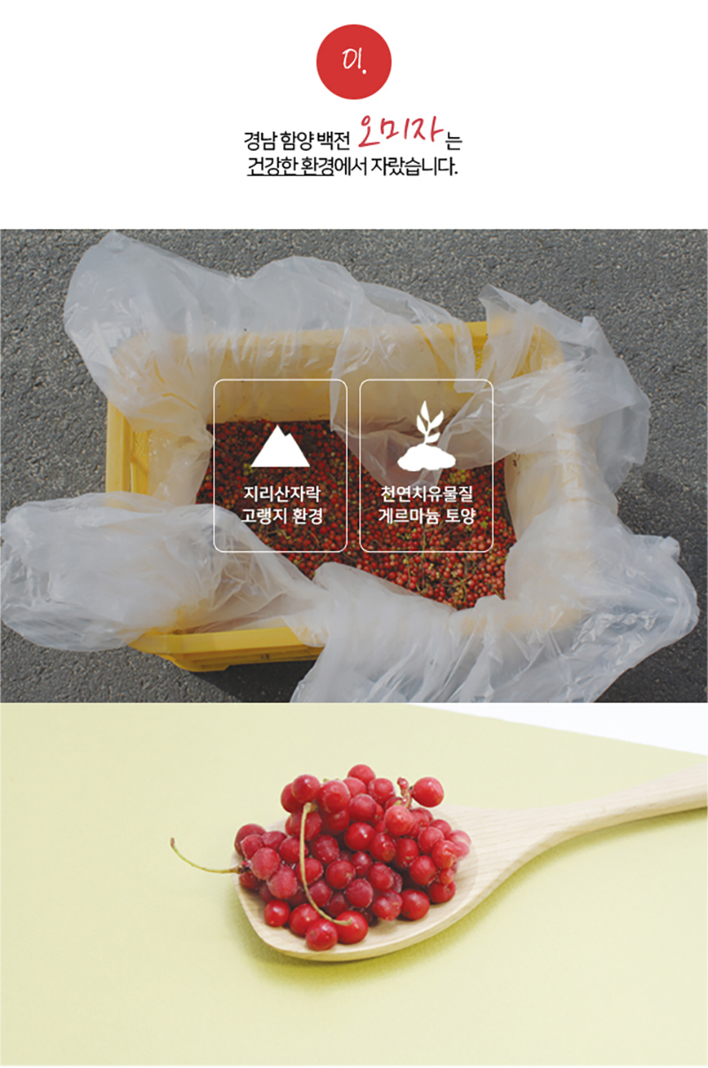 
01.
경남 함양 백전 오미자는
건강한 환경에서 자랐습니다.
지리산자락
고랭지 환경
천연치유물질
게르마늄 토양