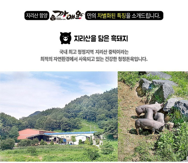 
지리산 함양 까매요 만의 차별화된 특징을 소개드립니다.
지리산을 담은 흑돼지
국내 최고 청정지역 지리산 중턱이라는
최적의 자연환경에서 사육되고 있는 건강한 청정돈육입니다.