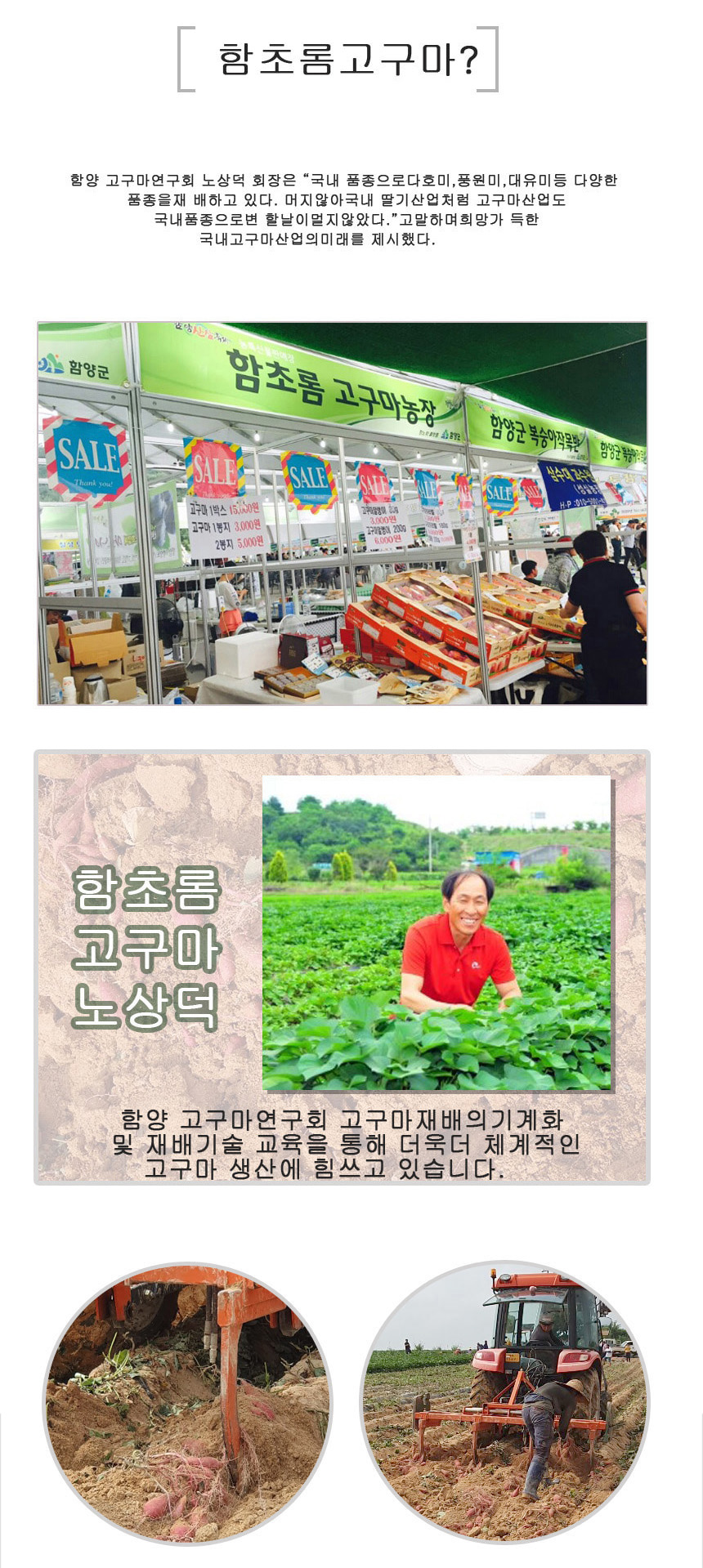 함초롬고구마
함양 고구마연구회 노상덕 회장은 국내 품종으로 다호미,풍원미,대유미 등 다양한
품종을 재배하고 있다. 머지않아 국내 딸기산업처럼 고구마산업도
국내 품종으로 변할 날이 머지 않았다고 말하며 희망 가득한
국내고구마산업의 미래를 제시했다.
함초롬
고구마
노상덕
함양 고구마연구회 고구마재배의 기계화
및 재배기술 교육을 통해 더욱더 체계적인
고구마 생산에 힘쓰고 있습니다.