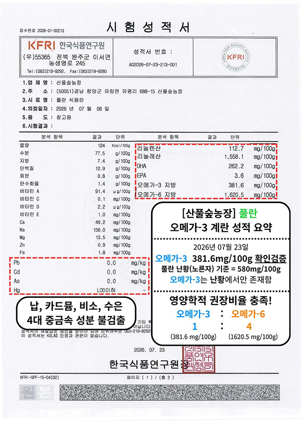 [ 산풀숲농장 난각번호 1번 ] 풀란 참 계란 / NON-GMO 자연방사 동물복지(20구/30구)